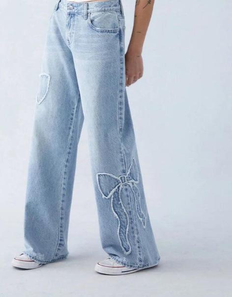 Women's Straight Trousers Embroidered Side Frayed Butterfly Jeans Street Design Hot Girl Baggy Pants