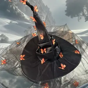 New Halloween Pleated Witch Hat, Mesh Butterfly Witch Hat, Oxford Fabric Women's Witch Hat Makeup Prop