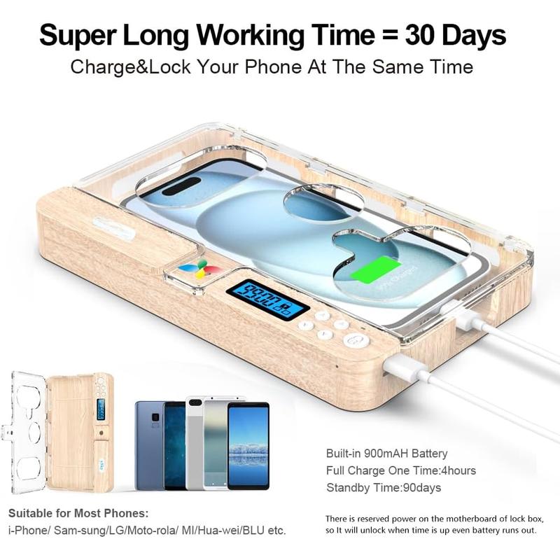 Portable Timed Phone Lock Box for  & Android, Woodgrain Design, 30-Day Auto-Timer, Mini Size, Lightweight, Focus Enhancer for Students & Adults