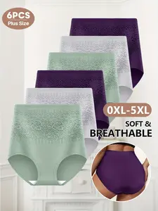 Women's Plus Size Underwear Set, High Waist Belly Control Panties, Floral Pattern, Comfortable, Stylish & Breathable, Pack of 6