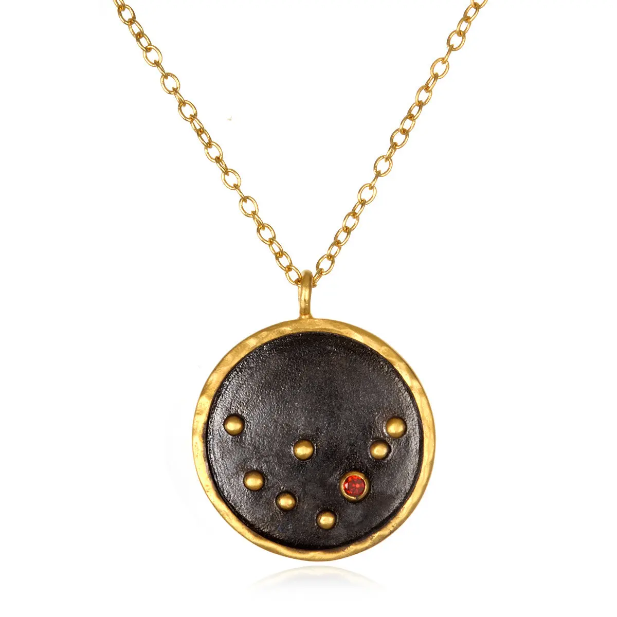 Capricorn Zodiac Gold Pendant Statement Necklace - Brass Base, 18" Length, .8" Diameter, Elegant Design, Unique Gemstone Accents, Zodiac Necklaces