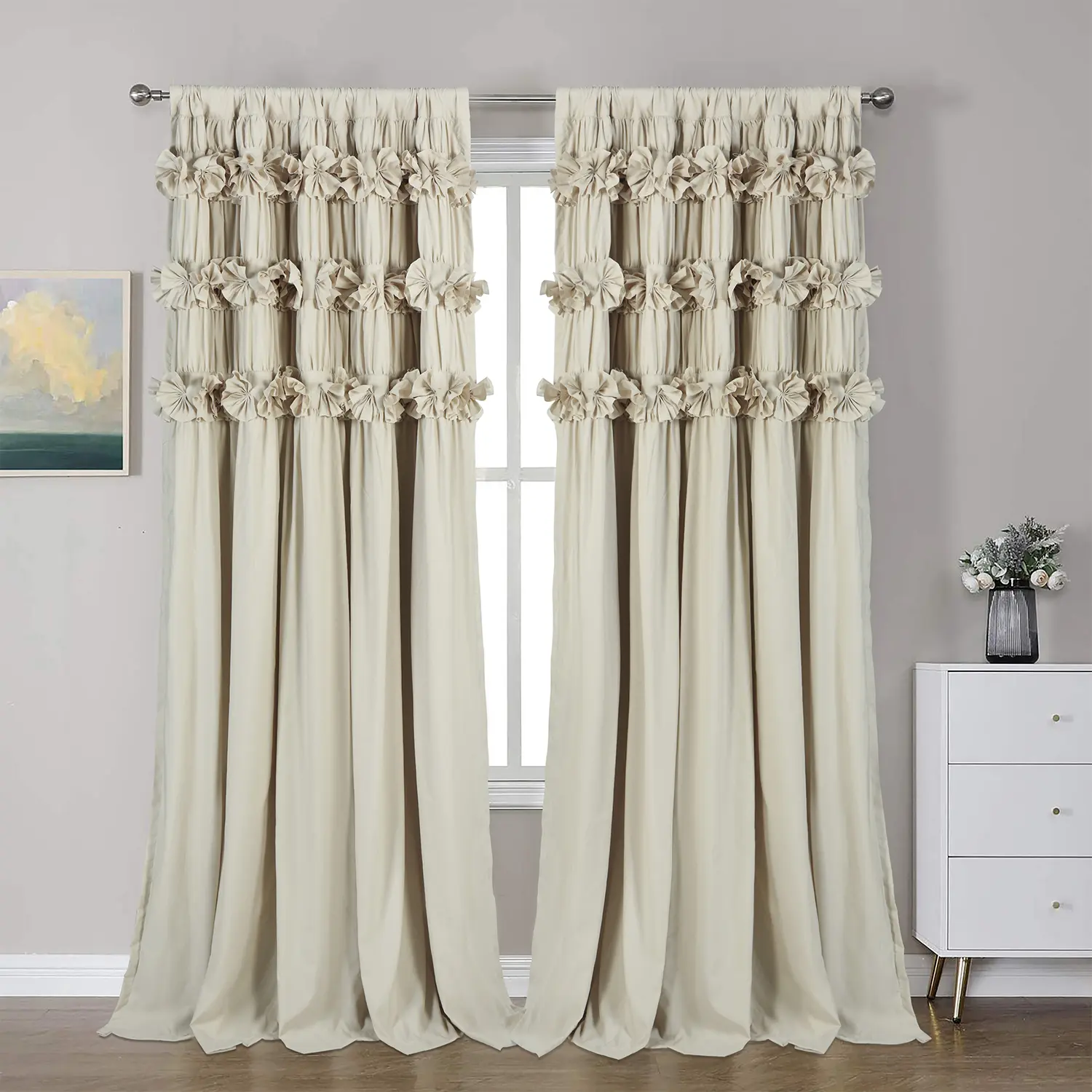 HIG Style Farmhouse Ruffle Window Curtains with Blackout Liner Handmade Bow Ties Drapes 2 Panels Set curtain livingroom curtain edges