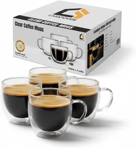 Double Walled Coffee Cups Glasses Mugs 9oz Set of 4 | Heat Resistant Borosilicate Clear Glass Espresso Latte Cappuccino  Cups with Handle | Insulated Glass Coffee Mugs Ideal for Gifting