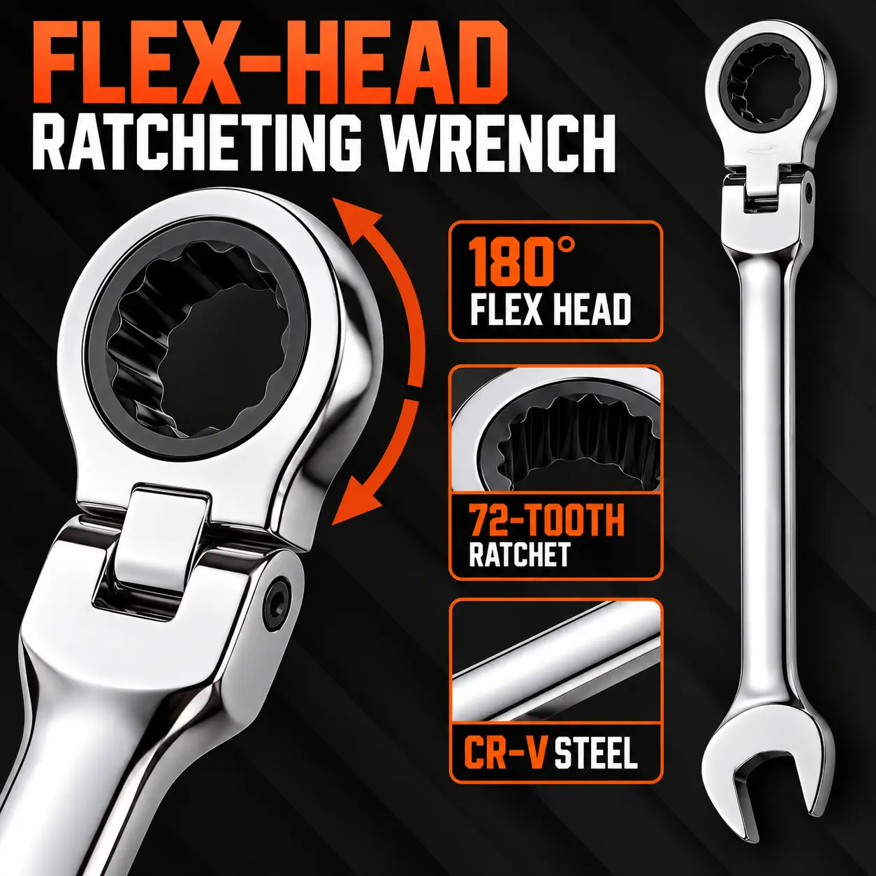 24-Piece Metric & SAE Flex Head Multifunctional Ratchet Combination Wrench Set - 72-Teeth, 180° Flex Head, Grease Resistant Mechanic Tools, Socket Wrench Set for Auto Repair, Ratcheting Metric and SAE Wrench Set