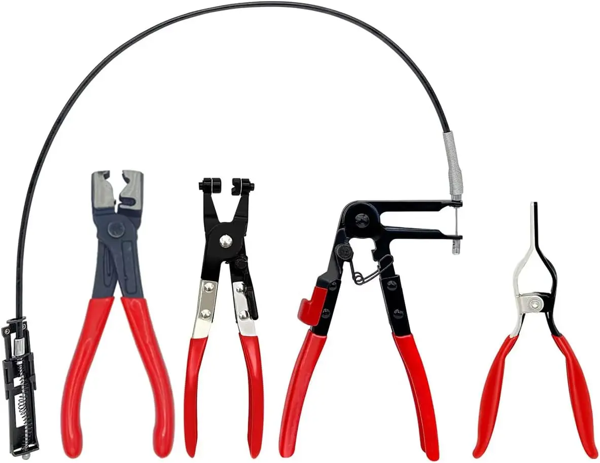 Pack Of 4 Metal Hose Clamp Pliers Set, Flexible Bendable Wire Clamps, Car Radiator Coolant Pipe Clamps, with Long Reach Spring Clamps for Automotive and Plumbing Applications,Hose Fittings, Automotive Tools, Bendable Clamps