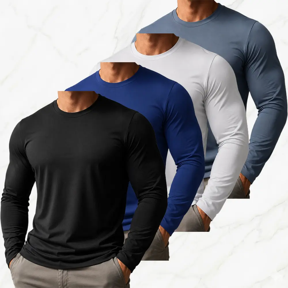 Men’s Crew Neck Long-Sleeve T-Shirt, 1-Pack Solid Color Breathable Base Layer Top for Sports, Work