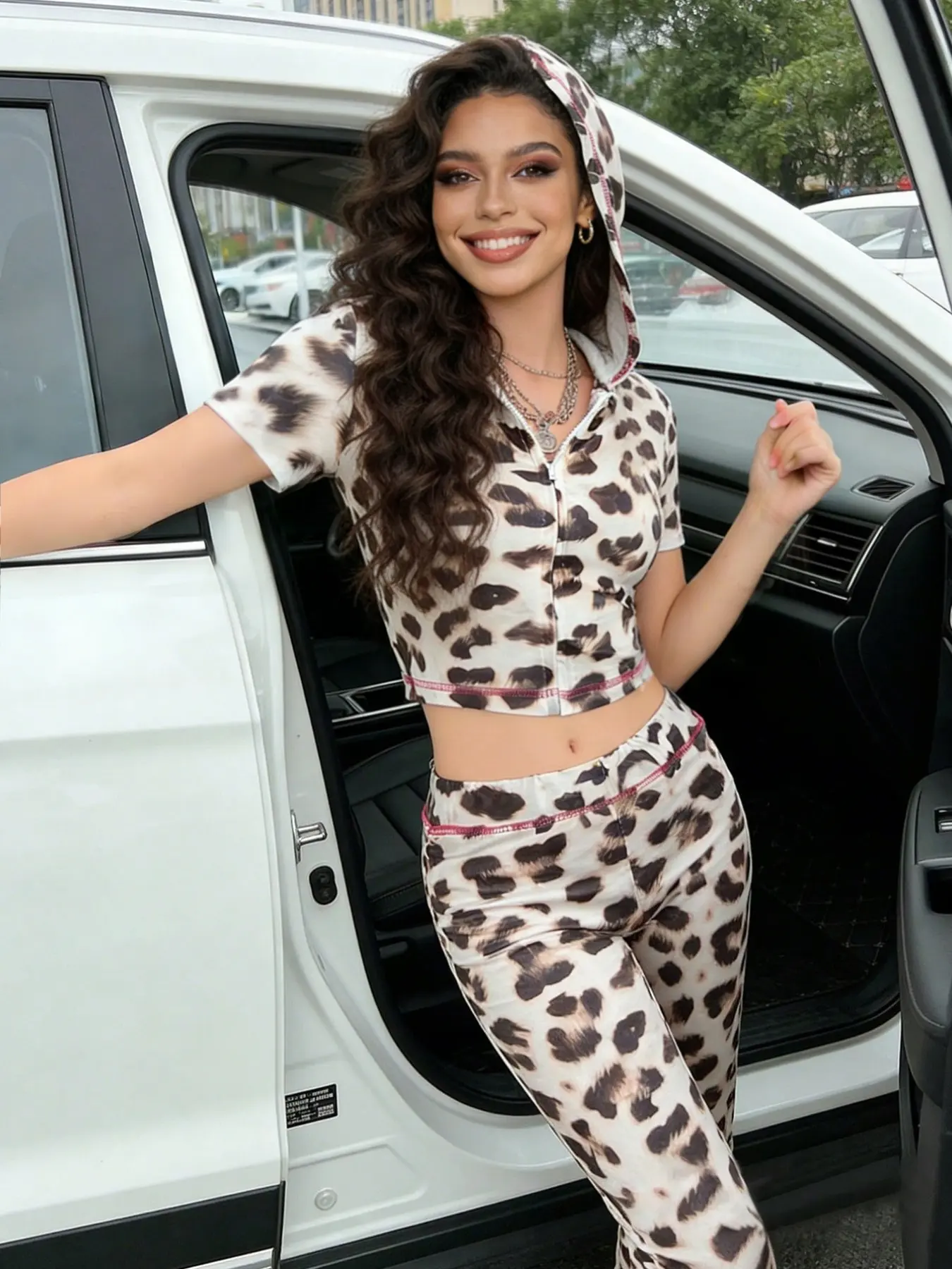 Women's Y2K Leopard Print Casual Set, Short Sleeve Hooded Zipper Top Jacket and Long Pants, Spring Summer Two-Piece