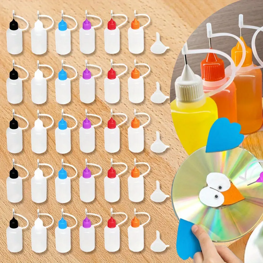 30-Piece Bulk Pack Translucent Needle Top 10 mL ABS Plastic Glue Bottles (Multicolor Lids) with 5 Mini Funnels – Odorless, Good Chemical Stability for Craft Enthusiasts, Quilling, Small Gluing Projects (Home Improvement)