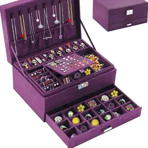 Jewelry Boxes for Women Purple Velvet Jewelry Organizer with Lock,Teen Jewelry Storage, Earring and Necklace Holder