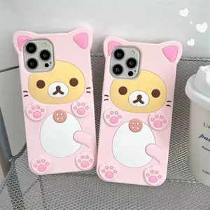 apply to Cute Rilakkuma Bear For iPhone16Promax 17 16 15 14 13  Pro Max  Kawaii Cat Silicone Soft Cover Case pink