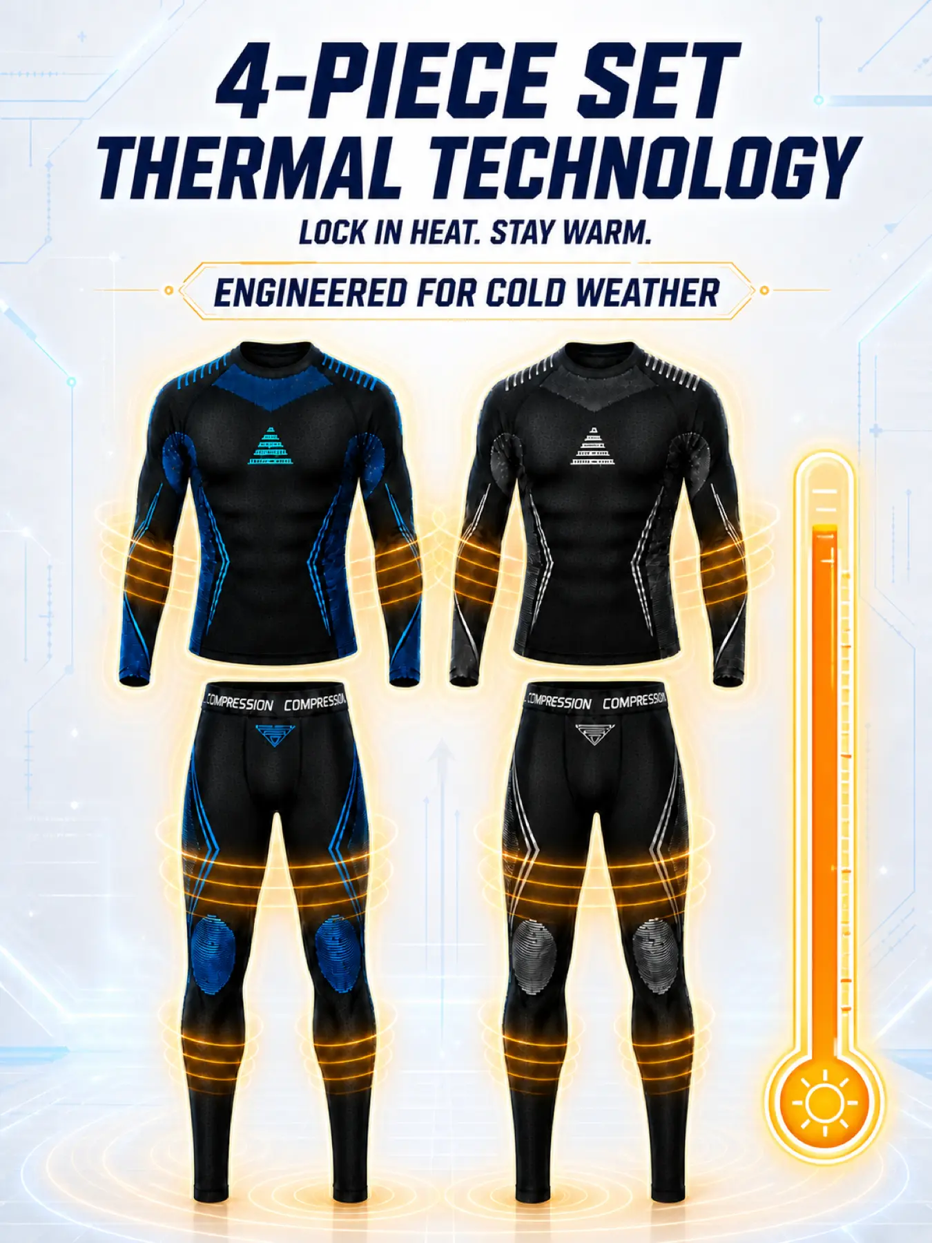 Men's 4-Piece Thermal Long Underwear Set, Warm Compression Shirts & Leggings, Winter Base Layer for Running, Skiing, Hiking & Training