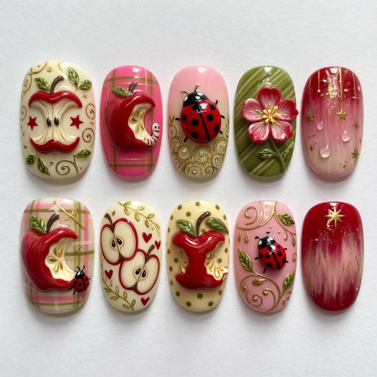 Press-On Nails - 3D Apple & Ladybug Design, Cute Autumn Coquette Set for Beauty & Nail Art Decoration