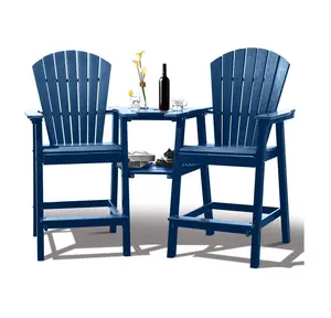 NAVINE Tall Adirondack Chairs Set of 2，HDPE Balcony Chair with Double Connecting Tray Patio Stools Weather Resistant for Outdoor Deck Lawn Pool Backyard (Double Connecting Tray, Navy Blue)