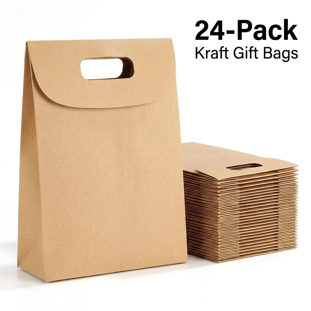 24 Pack Blank Kraft Paper Gift Bags Die Cut Handle Foldable Flap Top Treat Bags Solid Color Packaging Pouches for Candy Cookie Snack Wedding Party Favor Retail Merchandise Handmade