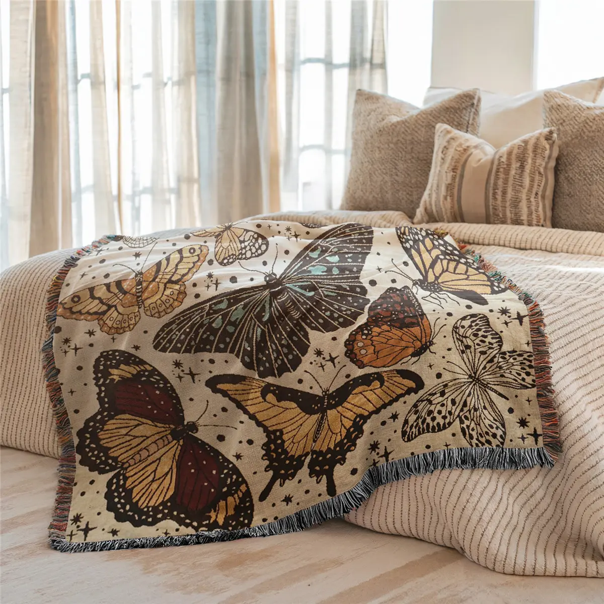 Multi-Function Tassel Woven Blanket, Soft Warm Blanket, Small Butterfly Pattern Bed Blanket, for Sofa Cover Couch Throw Blanket Armchair Home Decor Tablecloth Shawl Outdoor Picnic Camping Beach Towel Office Nap Hippie