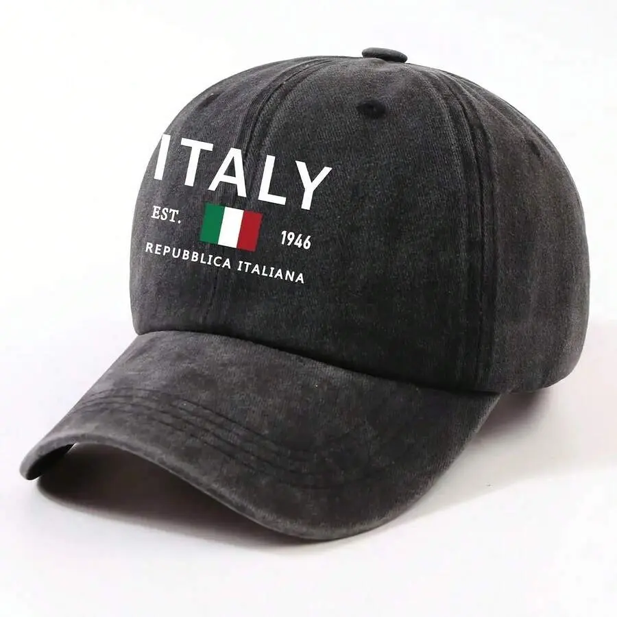 Unisex Italian Flag Washed Cotton Denim Baseball Cap - Sturdy Daily Fashion Sports Dad Hat with "EST. 1861" Design, Breathable, Adjustable Metal Buckle, Portable, Lightweight, Universal, Print, Outdoor Activity, All Seasons, Casual, Curved Brim, Outdoor W