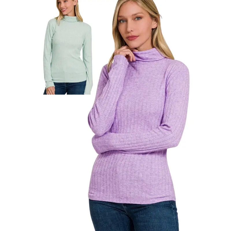 Zenana Long Sleeve Ribbed Knit Turtleneck - Lavender or Lt Green