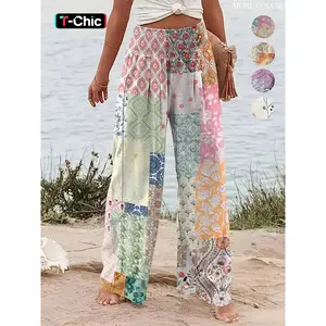 Women's patch printed elastic wide leg pants, casual loose pants, Bohemian casual pants, suitable for beach vacations, all season women's underwearRAIMENTRY