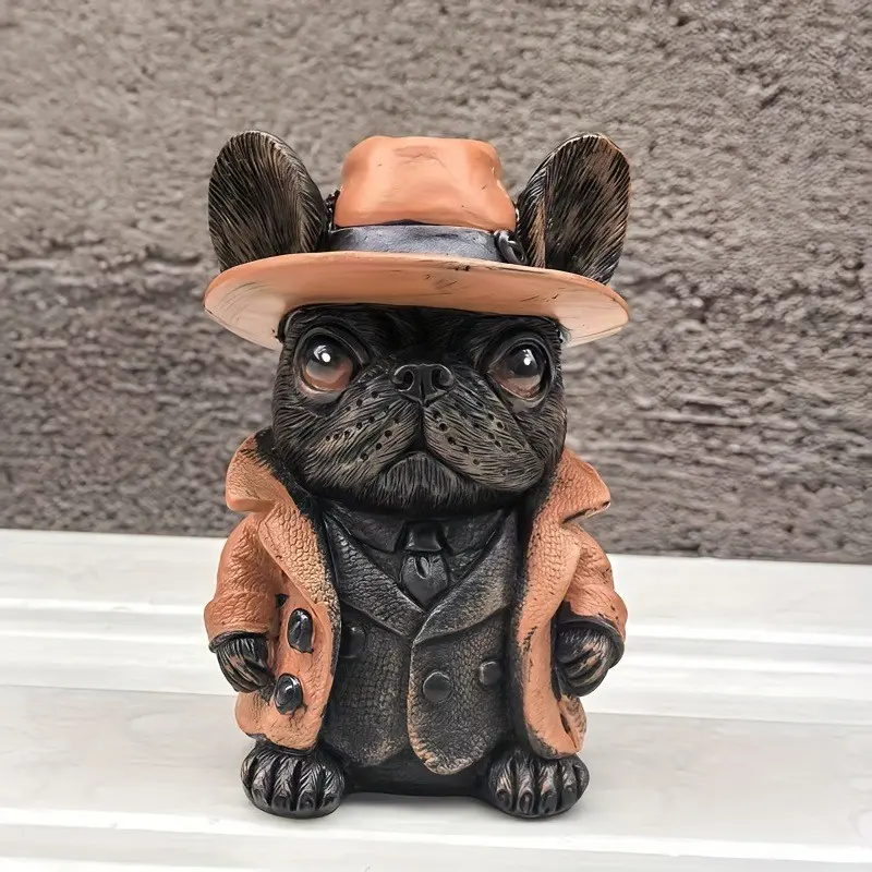 French Bulldog Hat Dog Statue, Resin Craft Ornament, Decorative Figurine, Home Decor Desktop Gift, Unique Artistic Animal Sculpture for Living Room
