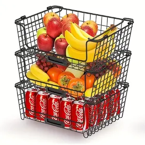 3 Pcs Large Stackable Wire Storage Baskets, Storage Bins with Handles