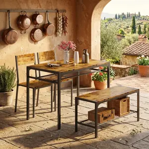 4 Piece Rectangular Dining Table Set, Retro MDF Dining Set with 2 Ergonomic Chairs & Bench, Space-Saving Multi-Purpose Table for Dining Working Reading, Ideal for Home Kitchen Living Room Apartment