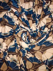 Large Magnolia Flower 100% Silk Jersey Fabric by the Yard - Bold Floral Print in Brown, Tan, Turquoise, and Blue