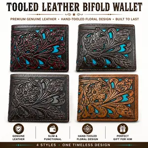 Western Genuine Tooled Leather Laser Cut Bifold Short Wallet