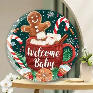 Aluminum Gingerbread Christmas Sign 8x8 Inch Round Easy Install Indoor Outdoor Decor for Home Bar Garden Garage Wall