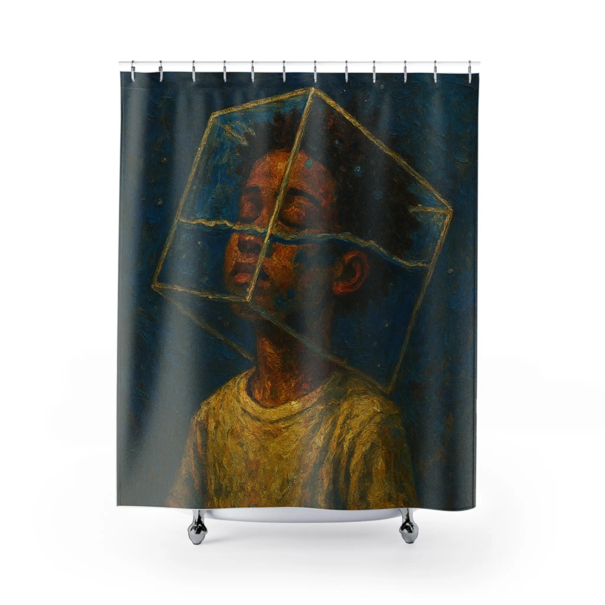 Boy with Glass Cube Over Head shower curtain | Surreal portrait bathroom decor
