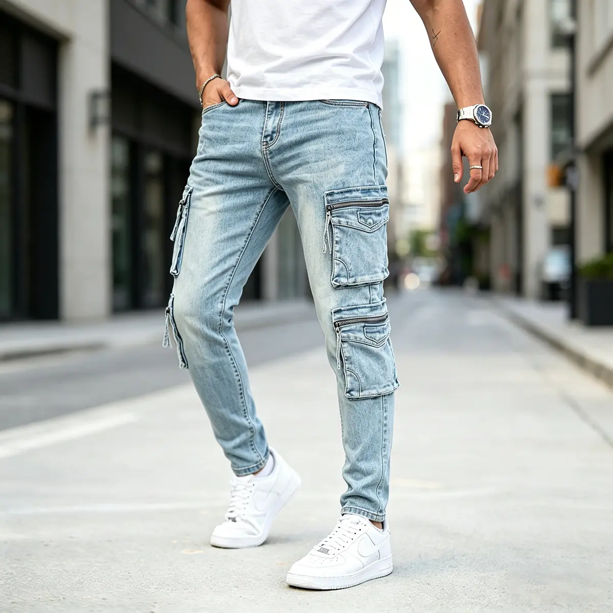GINGTTO Men's Skinny Jeans Light Wash Stretch Cargo Denim Pants Slim Fit Multi-Pocket Casual Streetwear Tapered Leg