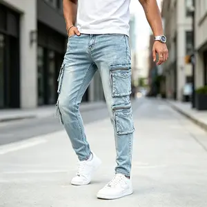 GINGTTO Men's Skinny Jeans Light Wash Stretch Cargo Denim Pants Slim Fit Multi-Pocket Casual Streetwear Tapered Leg