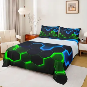 Honeycomb Sheet Set,Hexagon Theme with Green Blue Neon Lights Deep Pocket Fitted Sheet,Boys Teen Man Chic Creative Home Bedding Set,Top Flat Sheet,Black