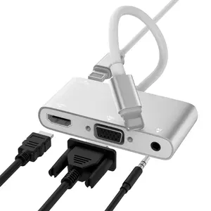 Lightning Splitter, 3-in-1 Lightning to HDMI + VGA + Headphone Adapter, supporting 1080p HDMI + VGA, adapter