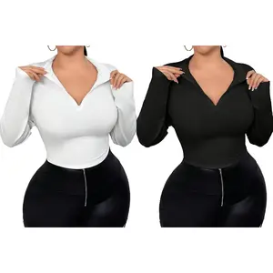Plus Size Women's Casual Half Zip Solid Color Long Sleeved T-shirt Top