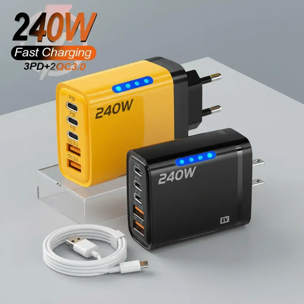 5 in 1 GaN USB C Desktop Charger 240W Fast Charge Phone Adapter 10A Type C Cable For iPhone Samsung Xiaomi EU/US/UK Plug Charger fast wall charger