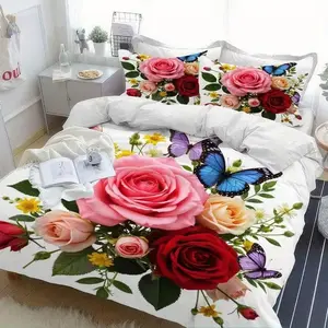 3-piece butterfly rose print duvet set (1 * duvet cover+2 * pillowcase, no duvet, polyester fiber material) Soft Bedding Sets
