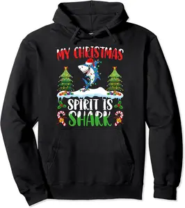Shark Wearing Santa Hat Xmas Lights Christmas Spirit Shark Pullover Hoodie - Jessicabal Shop 32B0CNJD4JS7