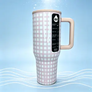 HydroJug 40oz Cute Pink Gingham Insulated Tumbler with Handle & Straw Leak-Proof Stainless Steel Water Bottle for Travel & Daily Use Drinkware Flasks Mug Bottled Portable outdoorfun