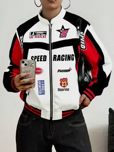 Women's LA Los Angeles Speed Racing Zip-Up Jacket with Black Star S Logo, Red Black White Color Block Design for Street Style, Athleisure Style and Sports Fashion