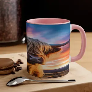 Highland Cow (1 of 4) Red, Blue, Navy or Pink Accent Coffee Mug, 11oz Ceramic Drinkware Reusable Drink Washable Reuse