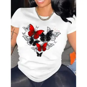 Plus Size Pure T-Shirt with Vibrant Red & Black Butterfly Print - Casual Round Neck, Short Sleeve Top for Women - Ideal for Spring, Summer & Autumn