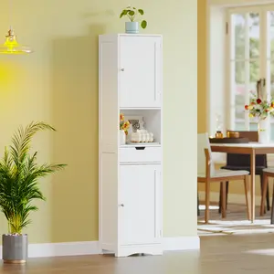 White 67" Tall Bathroom Floor Cabinet, Narrow Cupboard with 2 Doors, 1 Drawer & Adjustable Shelves, Multi-Use Storage Organizer for Living Room, Entryway