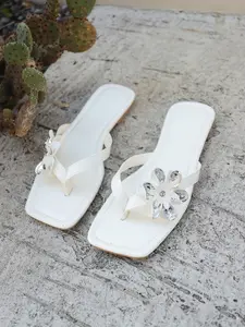 Women's Summer Fashion Lace Flower Rhinestone Square Toe Flip Flops, Casual Beach Sandals, PU Material, Rubber Sole