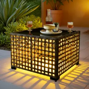 CAODOC Wicker Side Table with Solar Light , Square PE Rattan Outdoor End Table With Umbrella Hole for Patio, Garden, Poolside, Deck w/UV-Resistant Frame