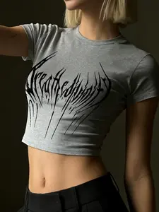 Women's Gothic Thorn Print Short Sleeve Crop Top, Summer Quick Dry Breathable Sports Tee, Casual Gym Yoga Running Shirt, Athletic Activewear, Athletic Fashion Activewear