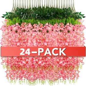 24PCS Wisteria Hanging Flowers,Fake Hanging Flowers,Wisteria artificiales Garland for Home Wedding Arch Floral Party Garden Ceremony Outdoor Decor,3.6 feet Long (Pink)