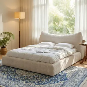 Raybee Full/Queen/King Size Could Bed Frame with Cat Ear Shape Headboard & Box Spring, Boucle Upholstered Mashmellow Bed Frame with Rounded Corner Design, Comfy & Soft Frame Bed Prevent Bumps for Modern Minimalist Bedrooms, Apartments, Guest Rooms,Beige