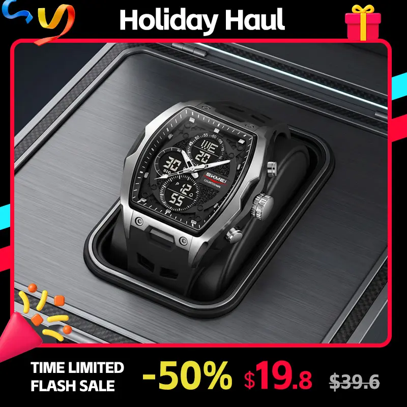 SKMEI Analog-Digital Watch, Unisex Skeleton Barrel Sport Wristwatch with Lightweight ABS Case and Silicone Band, 5ATM Water Resistant, Dual Time Zone, Calendar
