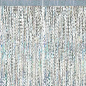2 Pack Silver Backdrop Curtain Tinsel Streamers Sparkle Metallic Wavy Foil Fringe Photo Booth Props for Birthday Graduation Bachelorette New Year Christmas Wedding Disco Party Decorations