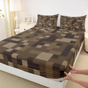 Pixelated Kids Fitted Sheet,Grid Army Camo Pixel Games Boys Girls Bed Sheets,Cartoon Gamepad Video Games Room Decor,Brown Bedding Set,(No Flat)